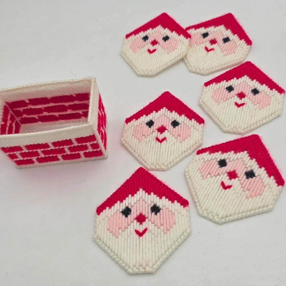 Vintage Handmade Plastic Canvas Santa Coasters Set of 6 with Chimney Holder Red